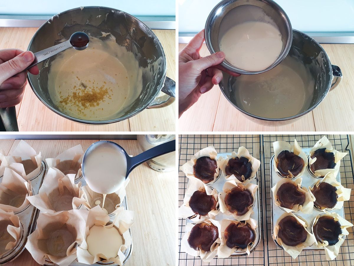 Mini Burnt Cheesecake 7 Process shots: adding vanilla and cream, ladeling into lined muffin tins, baked cheesecakes.