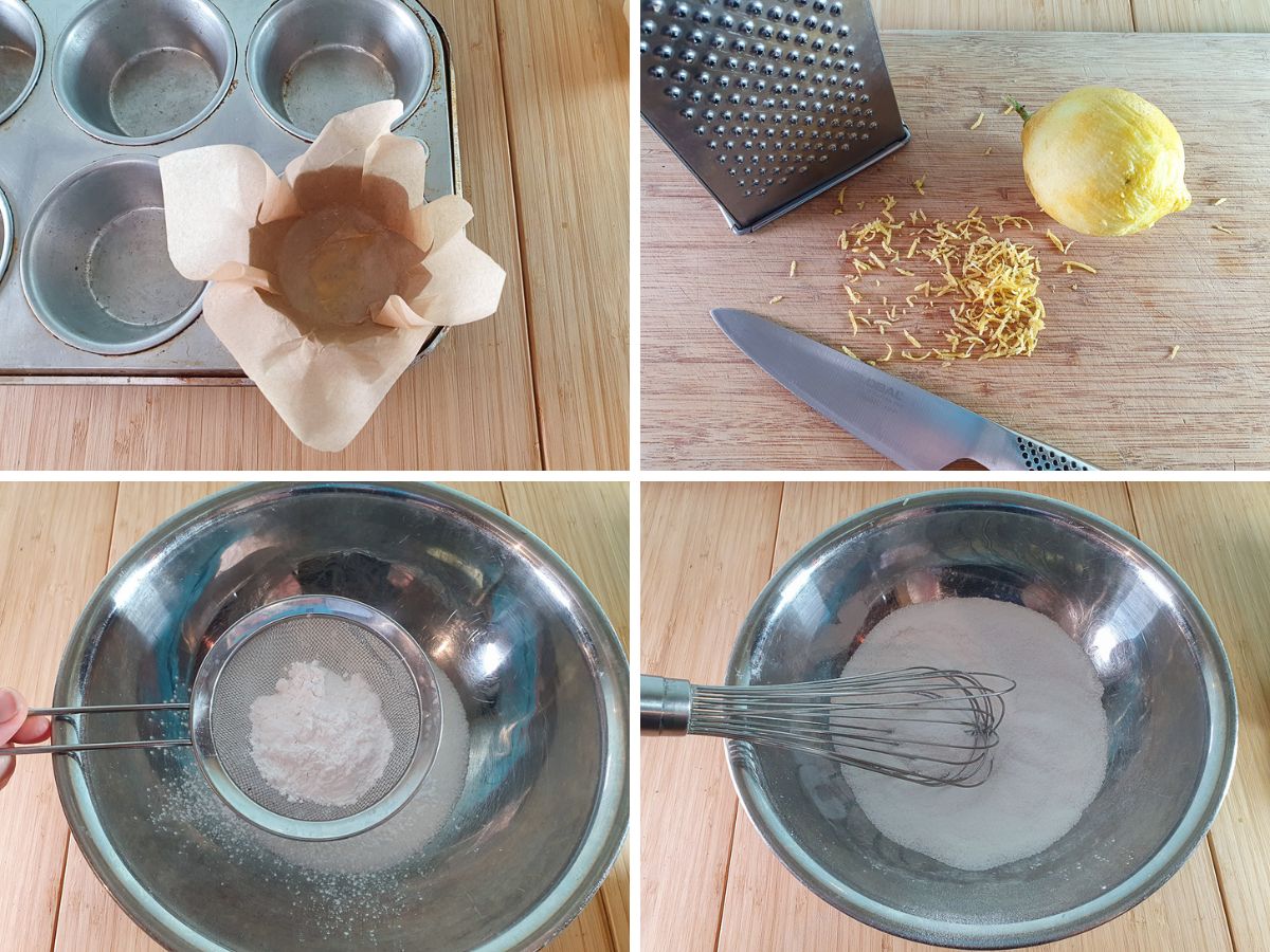 Process shots: lining muffin tins with large squares baking paper, zesting and juicing lemon, sifting and mixing tapioca starch into sugar.