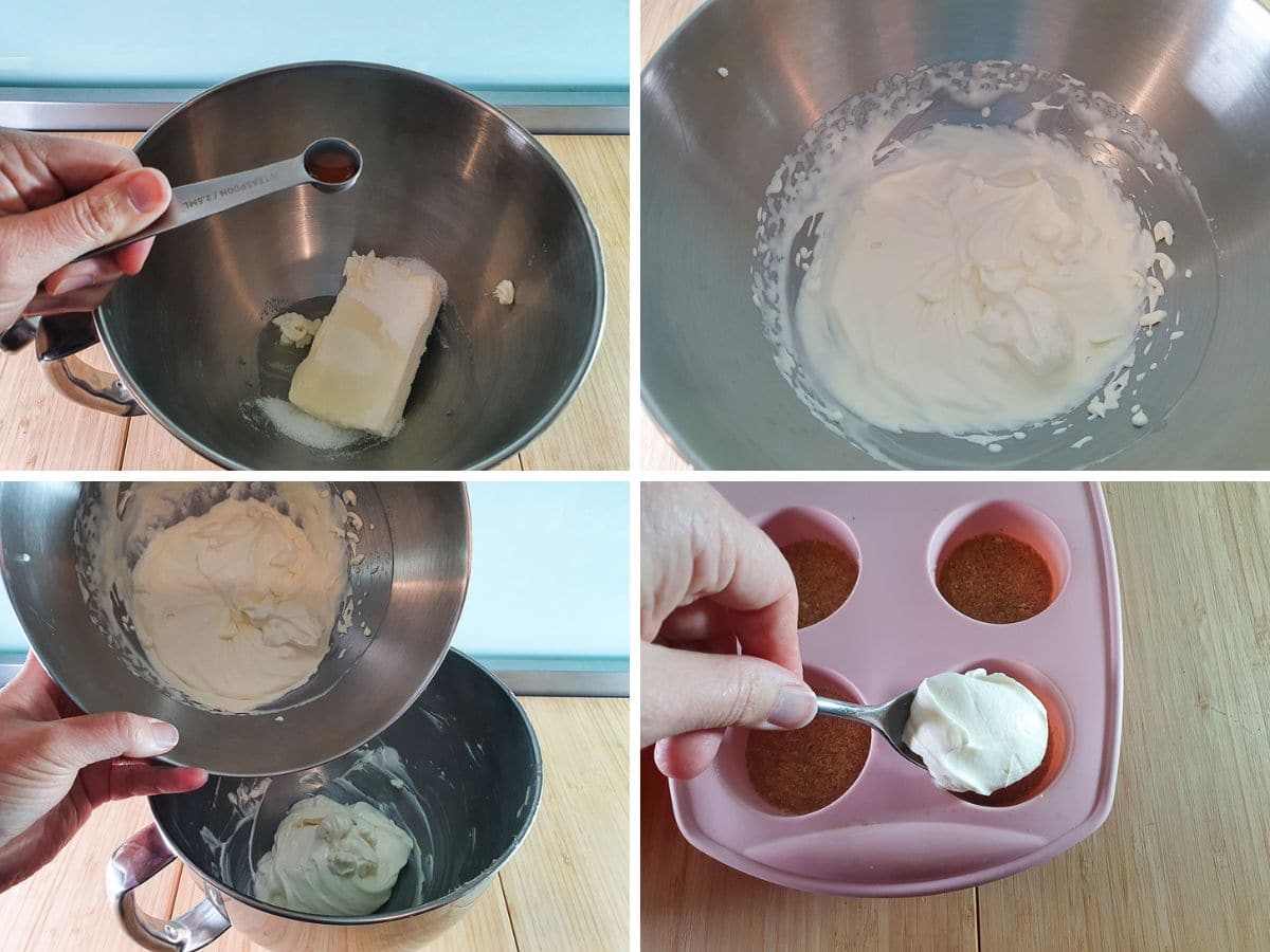 No Bake Mini Cheesecakes 6 Process shots: adding sugar, vanilla and lemon juice to cream cheese, whipping cream, adding cream to cream cheese, spooning filling onto bases.