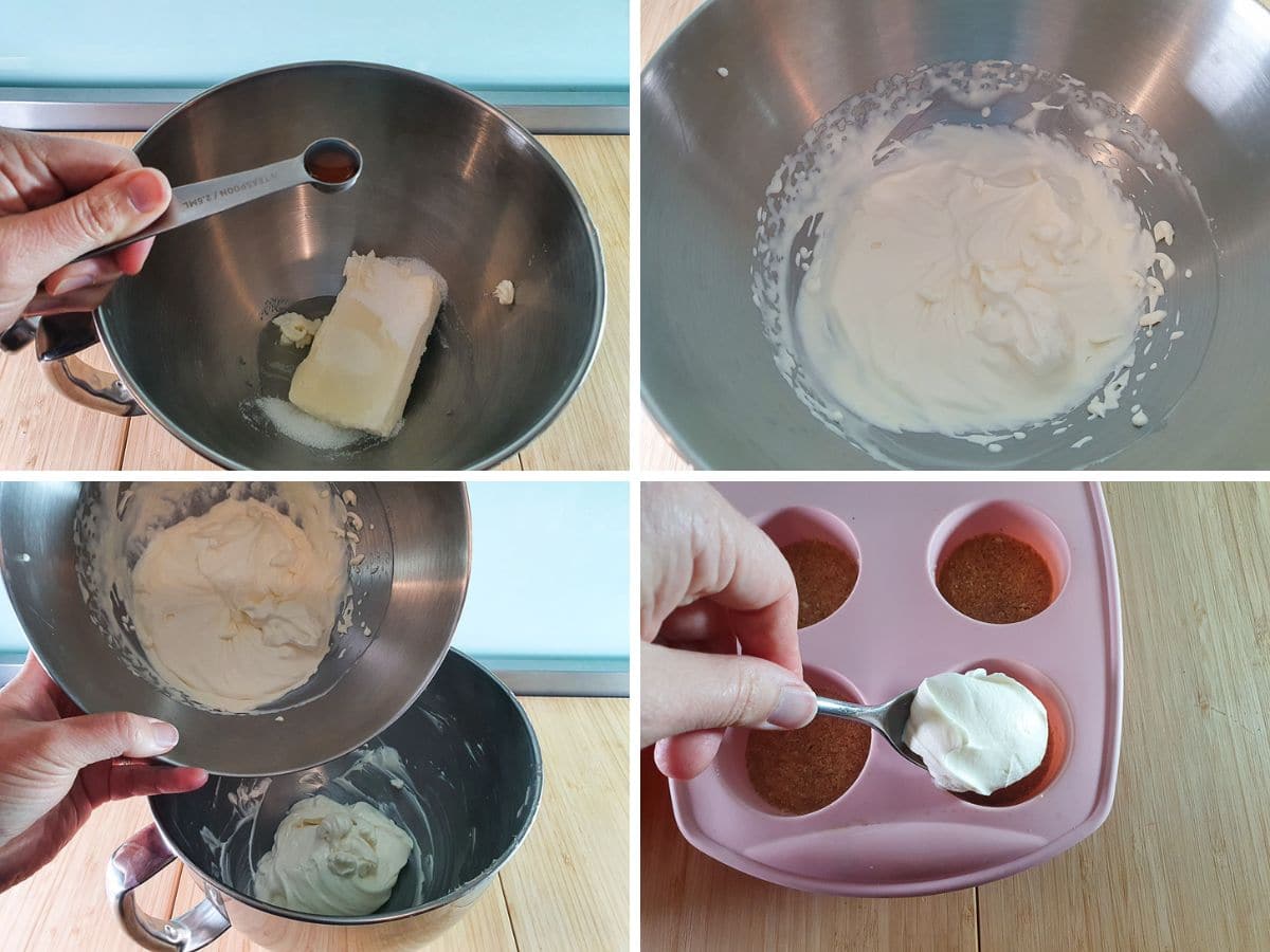 Process shots: adding sugar, vanilla and lemon juice to cream cheese, whipping cream, adding cream to cream cheese, spooning filling onto bases.