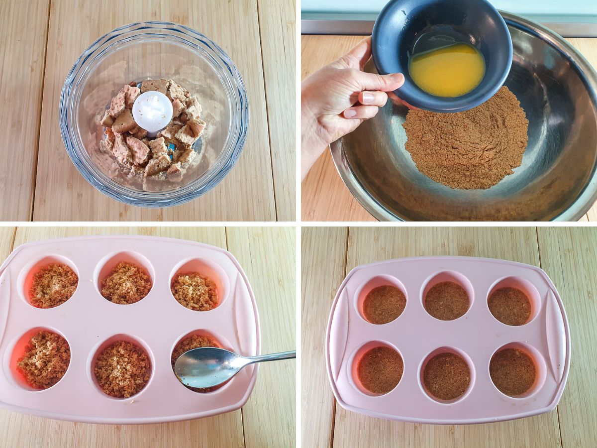 Process shots: blitzing cookies, adding melted butter, spooning base into molds and pressing down with back of spoon.