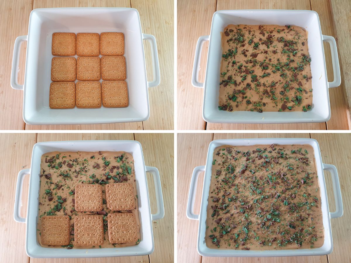 Process shots: layering tennis biscuits, then caramel cream, then chopped peppermint crip. Repeat layering two or three times as needed.
