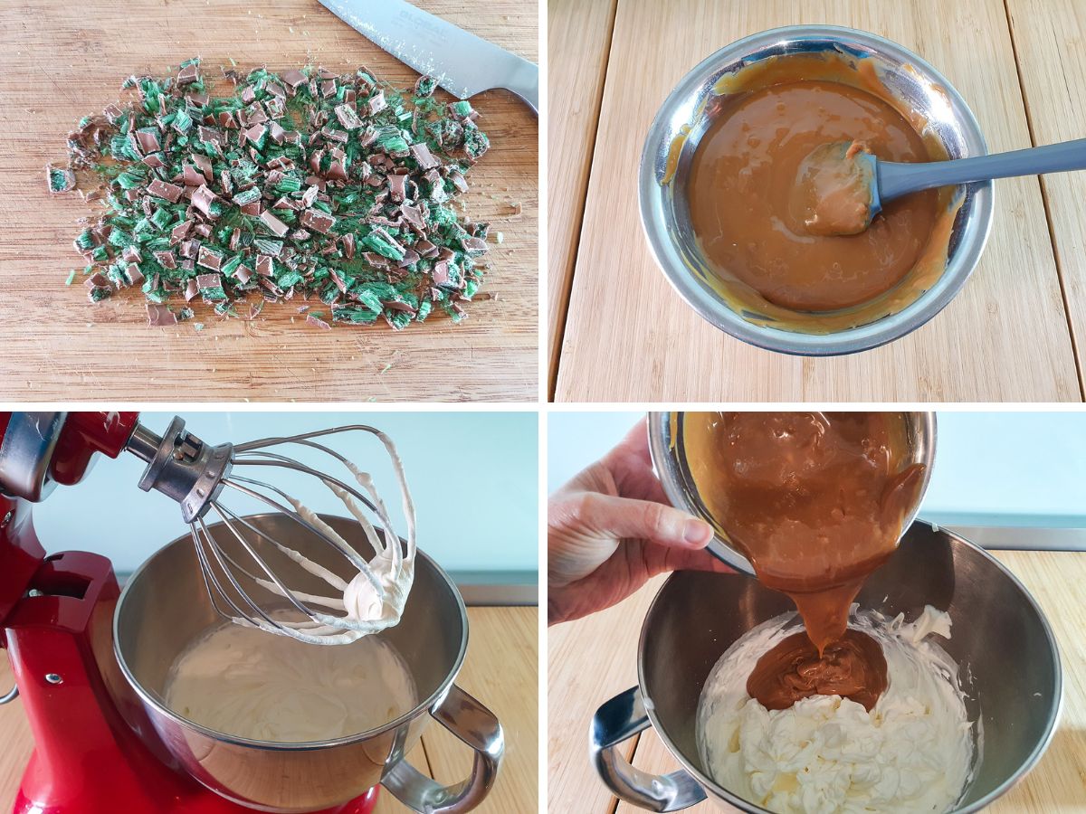 Process shots: finely chopping peppermint crisp, stirring caramel to thin, whipping cream to stiff peaks, gently folding caramel into whipped cream.