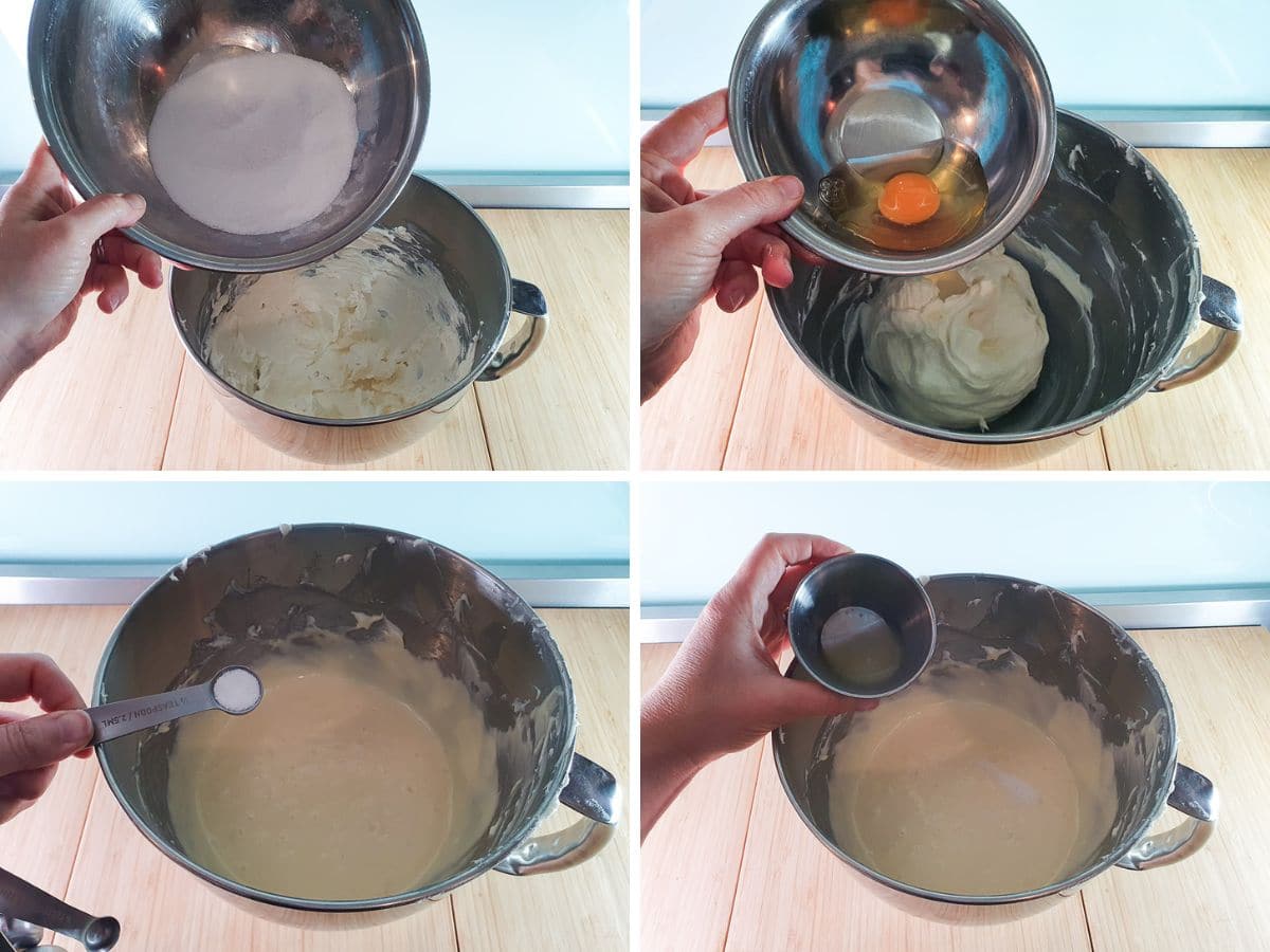 Mini Burnt Cheesecake 6 Process shots: adding sugar and tapioca starch, adding eggs one at a time, adding salt, adding lemon juice and zest.