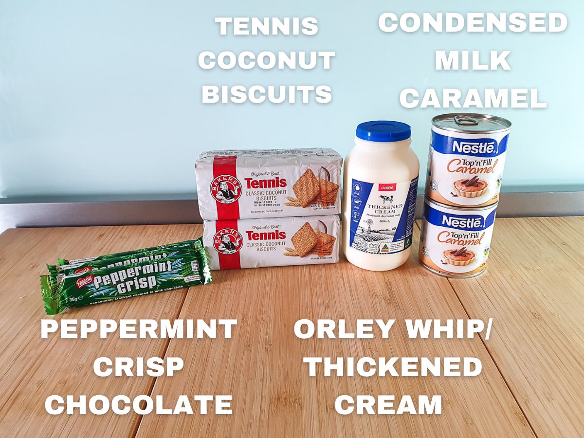 Ingredients: peppermint crisp, tennis biscuits, orley whip or cream, condensed milk caramel.