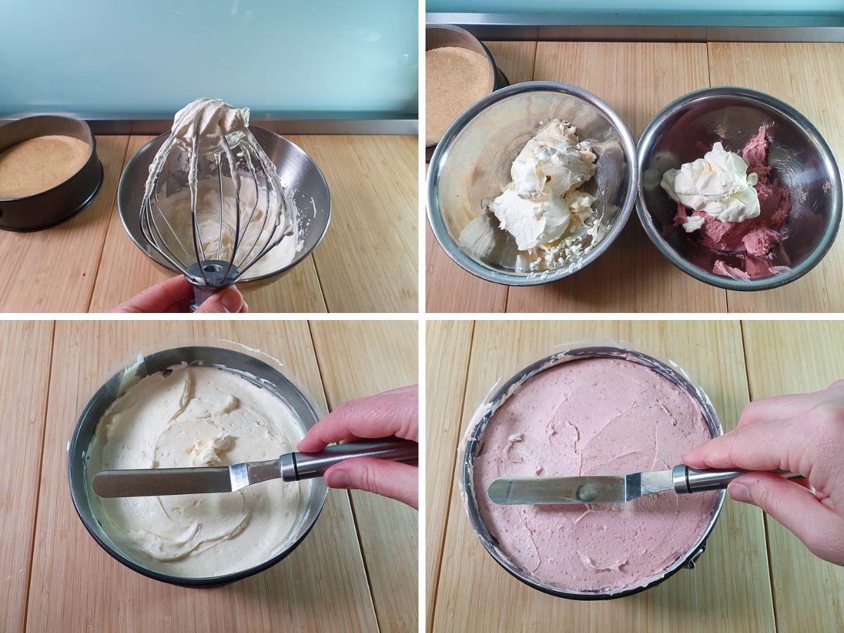Process shots: whipping cream to firm peaks, dividing and adding whipped cream to vanilla and strawberry filling, layering vanilla and then strawberry filling on chilled base.
