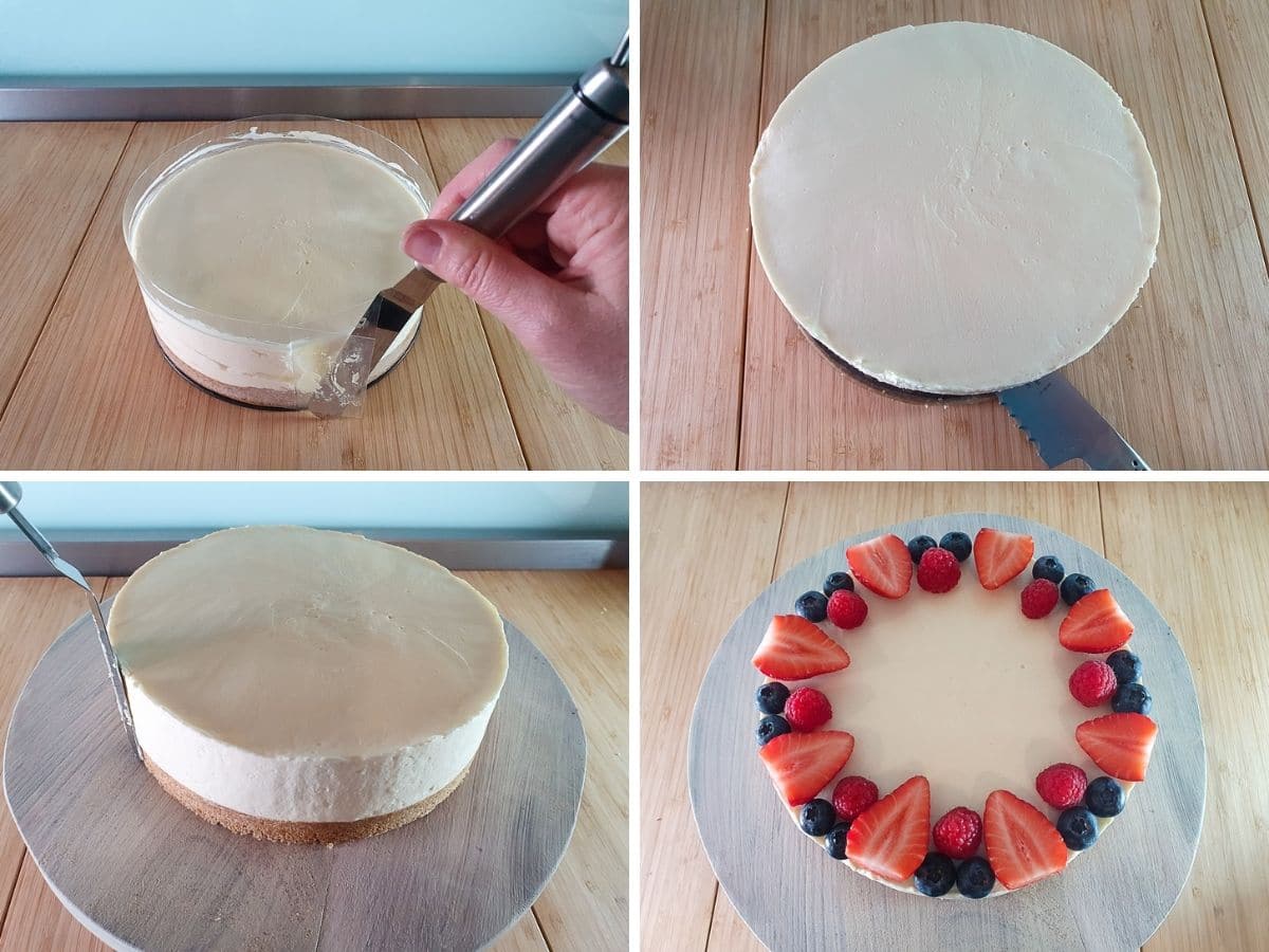 Removing set cake from tin, sliding knife between baking paper and take to remove from base, smoothings sides, decorating with berries.