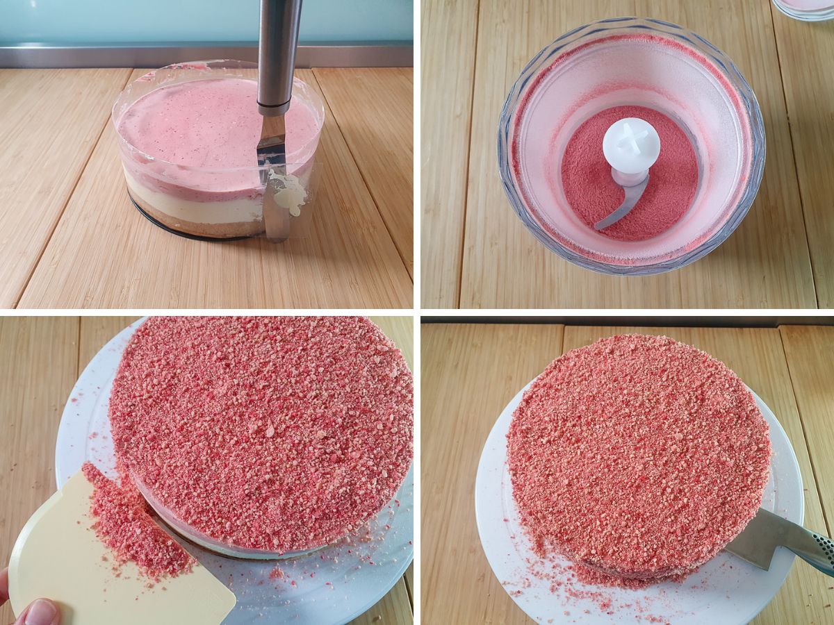 Process shots: removing cake from tin, blitzing strawberries, putting cruch onto cake, removing cake from tin base.