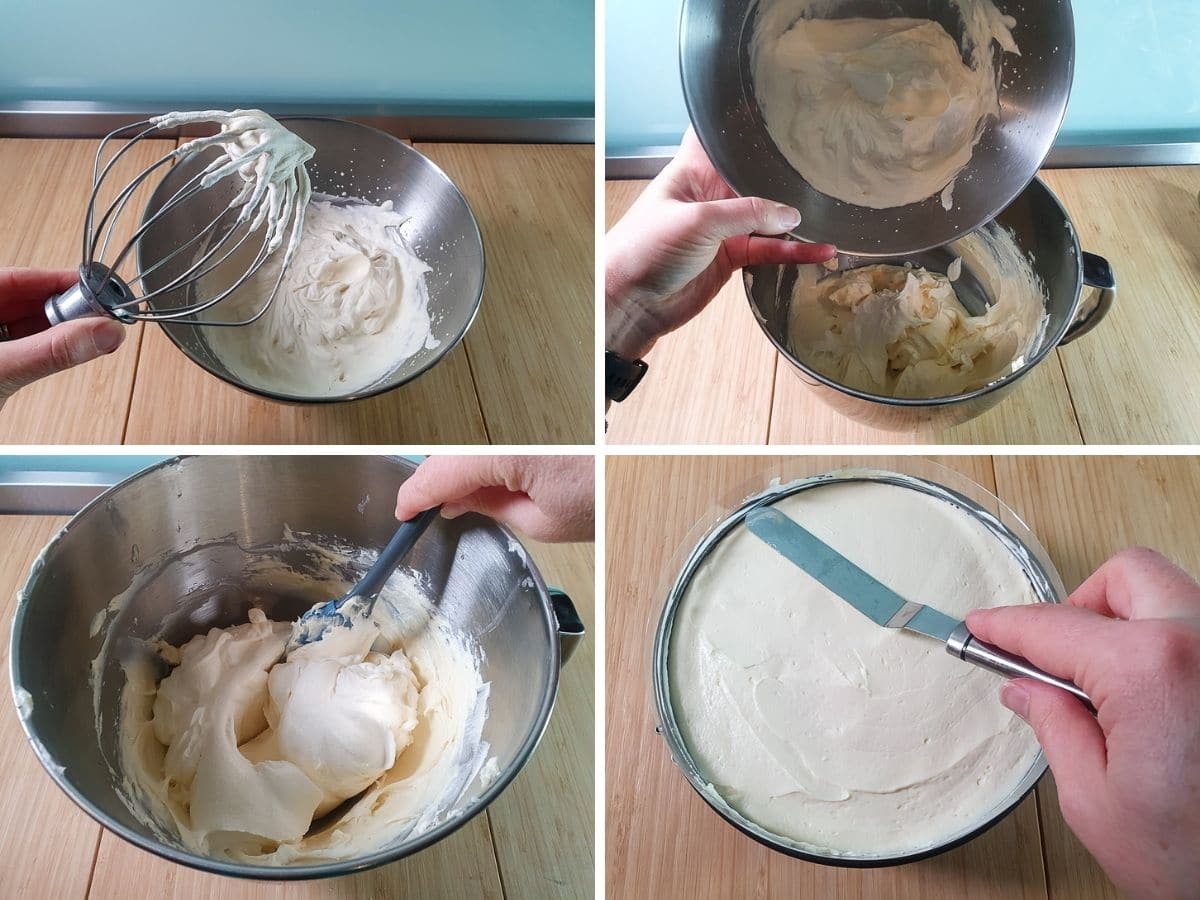 Cherry Cheesecake 6 Process shots, whipping cream to stiff peaks, adding cream to rest of mix, folding in cream, adding filling to base and smoothing down.