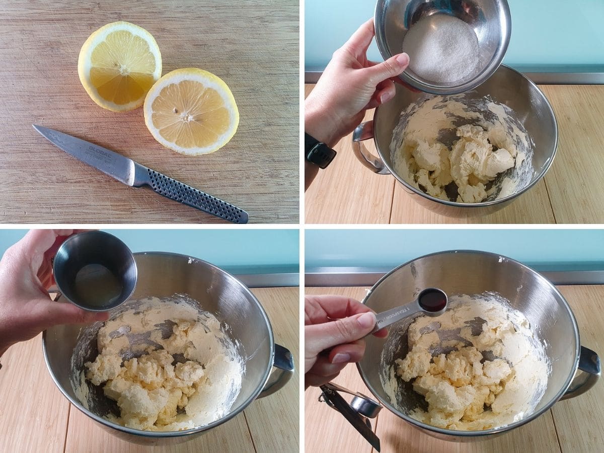 Process shots: slicing lemon to juice, adding sugar to softened cream cheese, adding lemon juice, adding vanilla.