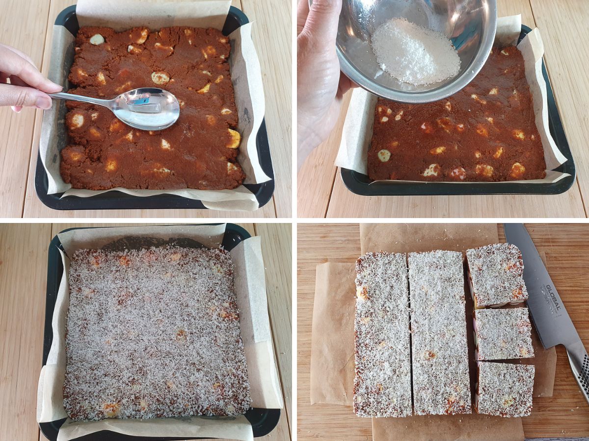 Process shots: flattening mix in cake tin with spoon, adding coconut to top, slicing set slice.