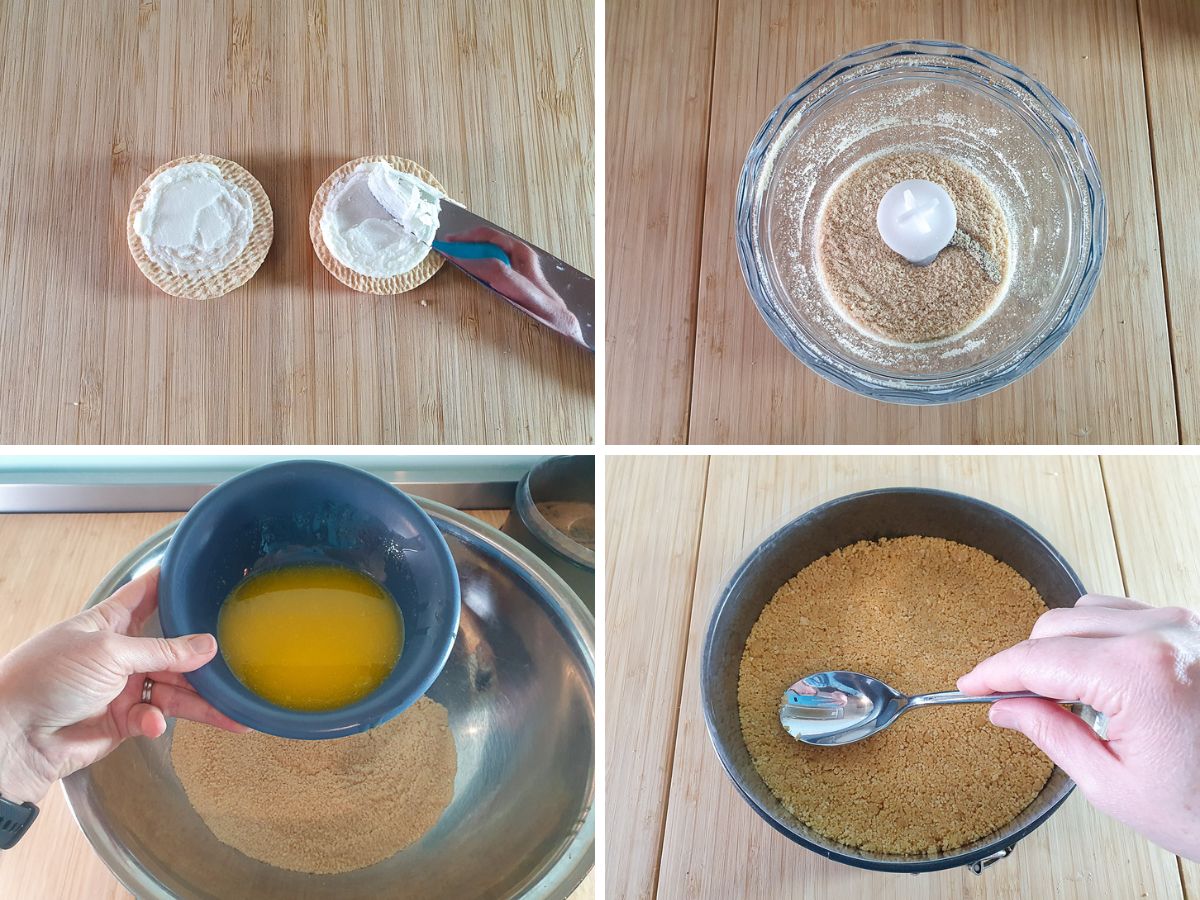 Process shots: scraping out Oreo filling, blitzing scraped out Oreos, adding melted butter to crumbs, pressing base into cheesecake tin.