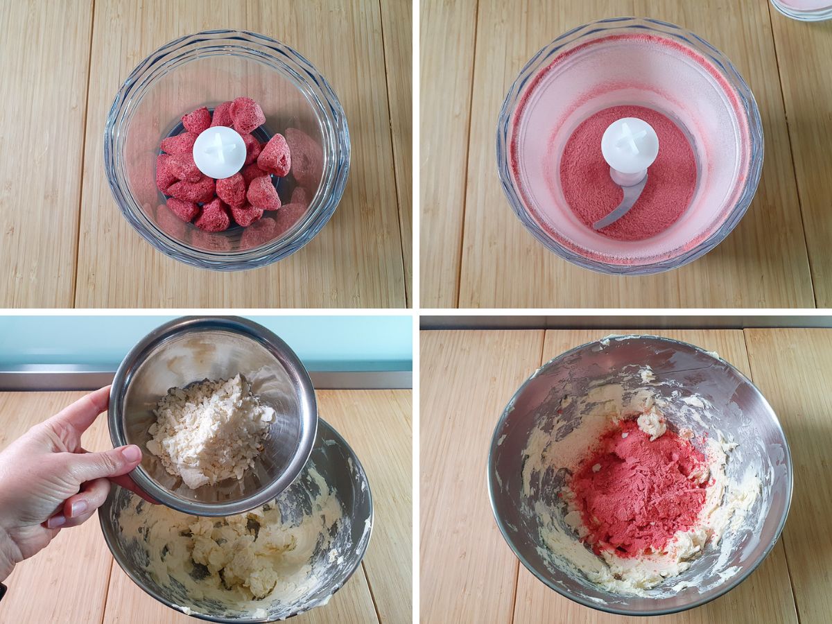 Process shots: blitzing freeze dried strawberries into a fine powder, adding oreo filling, freeze dried strawberry powder to cream to cream cheese for strawberry layer.