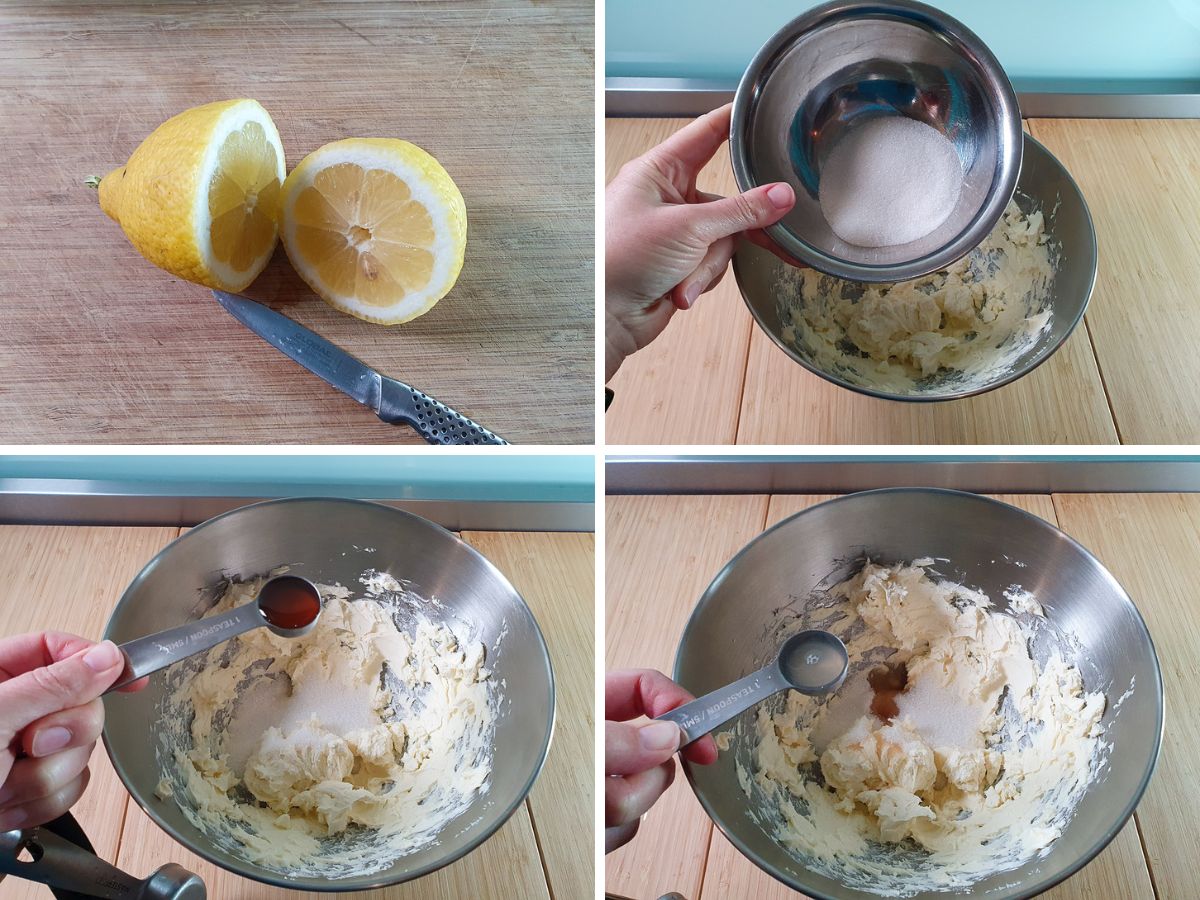 Process shots: juicing lemon, adding sugar, vanilla and lemon juice to cream cheese for vanilla layer.