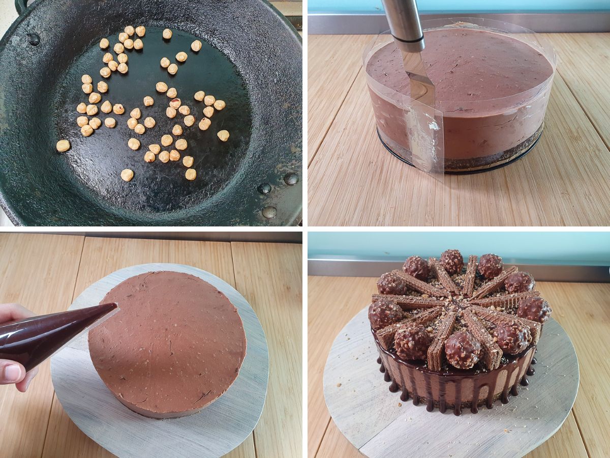 Process shots: pan roasting hazelnuts, removing cheesecake from tin, drizzling Nutella onto cake, adding wafers, Ferreros and chopped roasted hazelnut pieces.