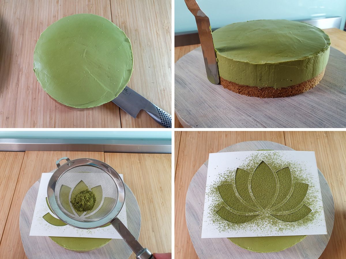 Process shots: removing cake from base, smoothing sides with a spatula, sprinkling matcha powder over stencil.