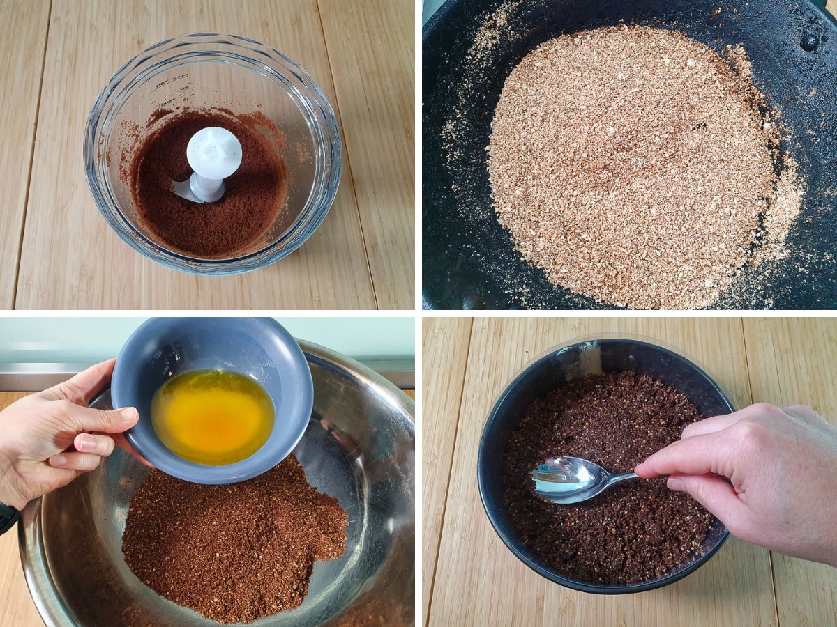 Process shots: blitzing cooking into crumbs, roasting hazelnut meal, adding melted butter to cookie crumbs and hazelnut meal, smoothing base into tin.