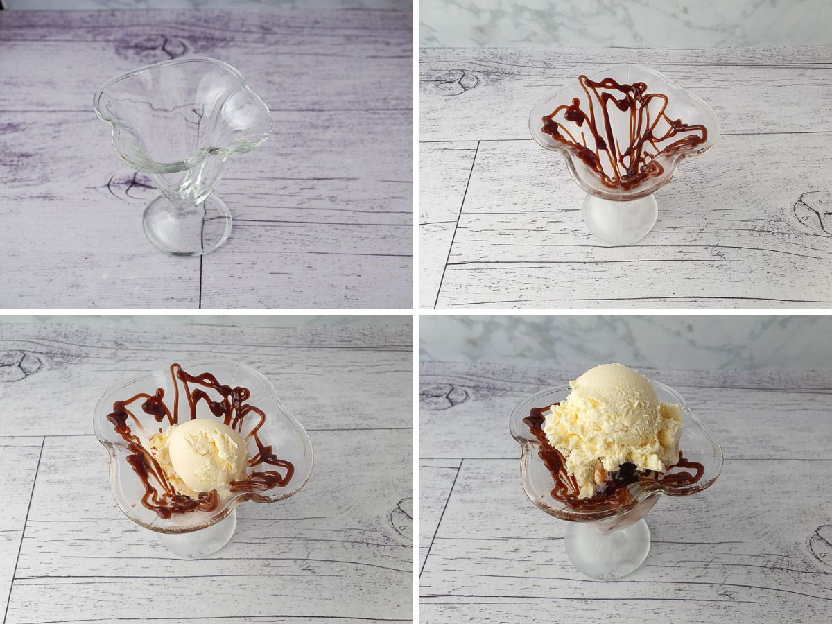 Ice Cream Sundae 6 Process shots: adding sauce to sundae glass, a scoop of ice cream, more sauce, then another scoop of ice cream.