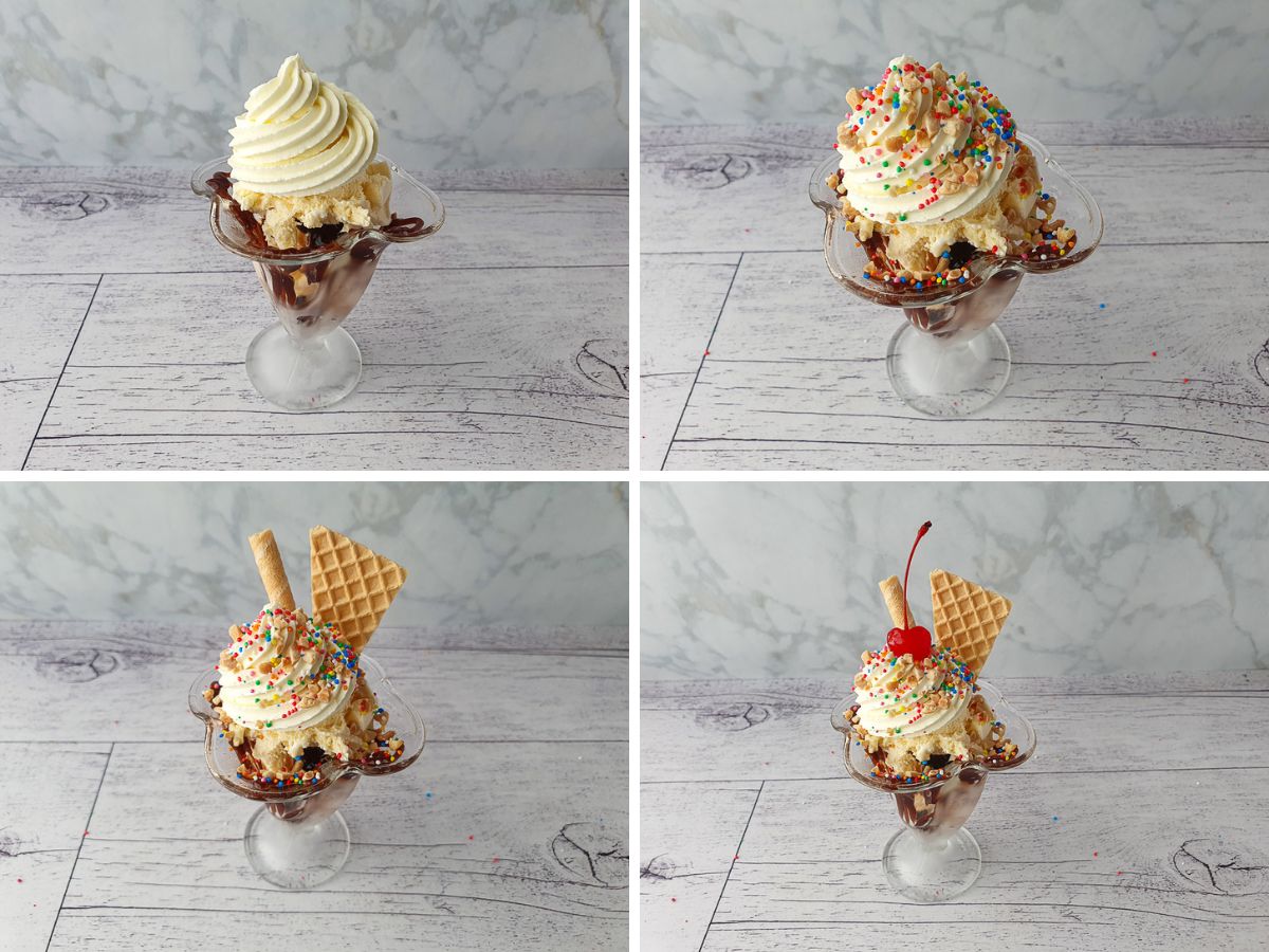 Ice Cream Sundae 7 Process shots: adding whipped cream swirl, sprinkles and chopped nuts, wafers and finally cherry on top.