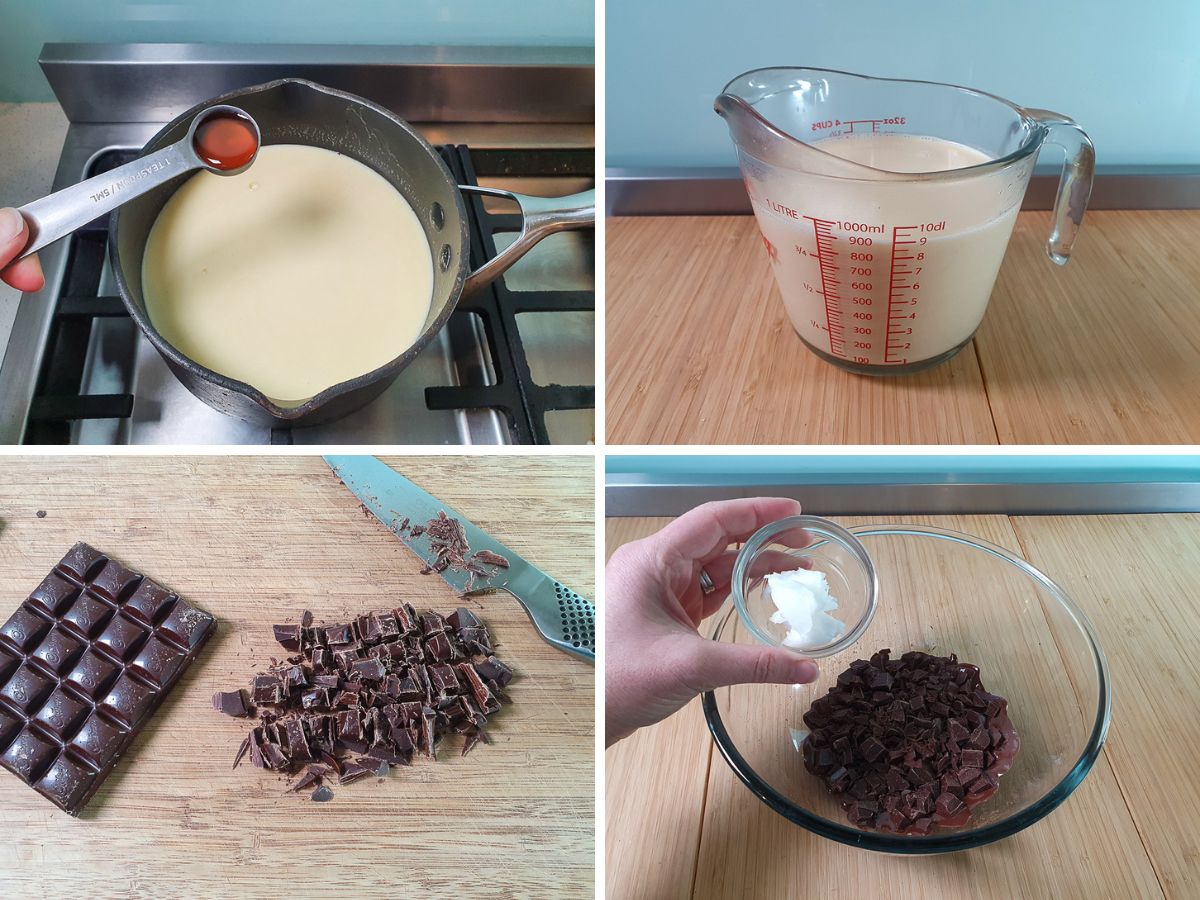 Chocolate Chip Ice Cream 6 Process shots: adding vanilla exxtnece, chilling base, chopping chocolate, adding coconut oil to melted chopped chocolate.