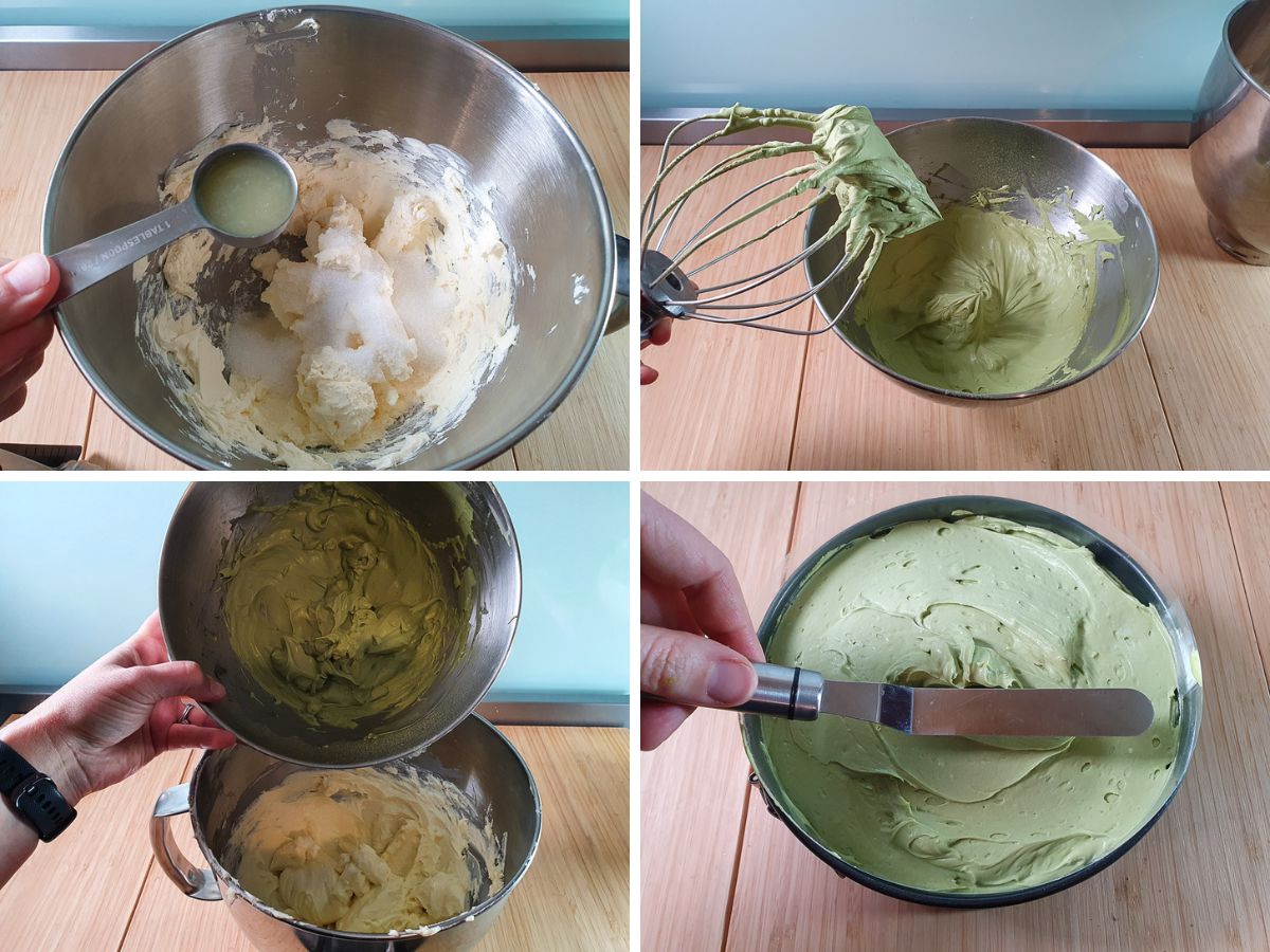 Process shots: adding sugar and lemon juice to cream cheese, whisking matcha into cream, adding cream to cream cheese, smoothing onto base.