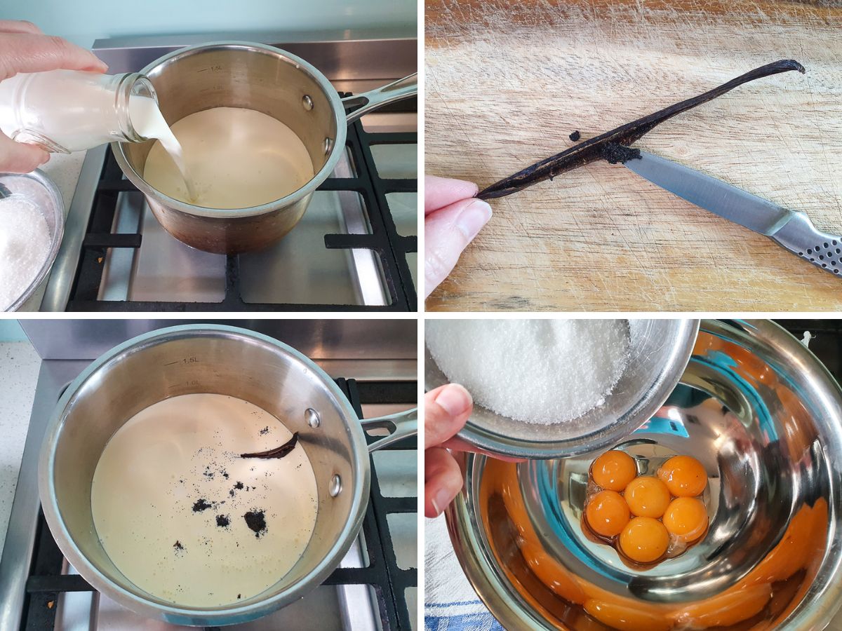 Vanilla Bean Ice Cream 5 Process shots: warming milk and cream, splitting vanilla bean and scrapping out seeds, adding vanilla to milk and cream, adding sugar to egg yolks.