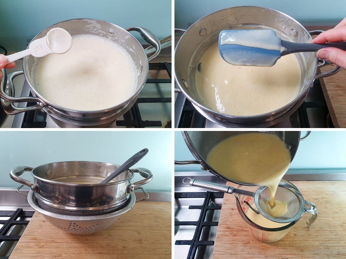 Process shots: adding glucose syrup, cooked custard holding a line after you run your finger through it, cooling top of double boiler in colander, straining cooled mix.