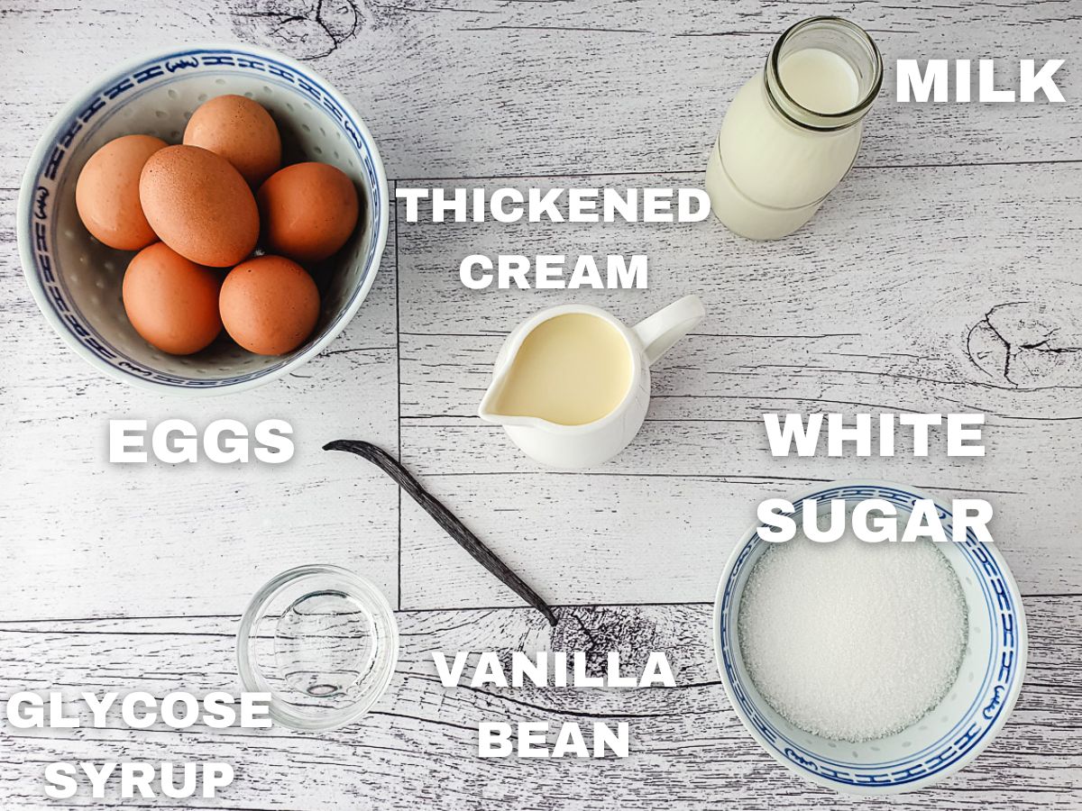 Vanilla Bean Ice Cream 4 Ingredients: eggs, milk, thickened cream, vanilla bean, white sugar, glucose syrup.