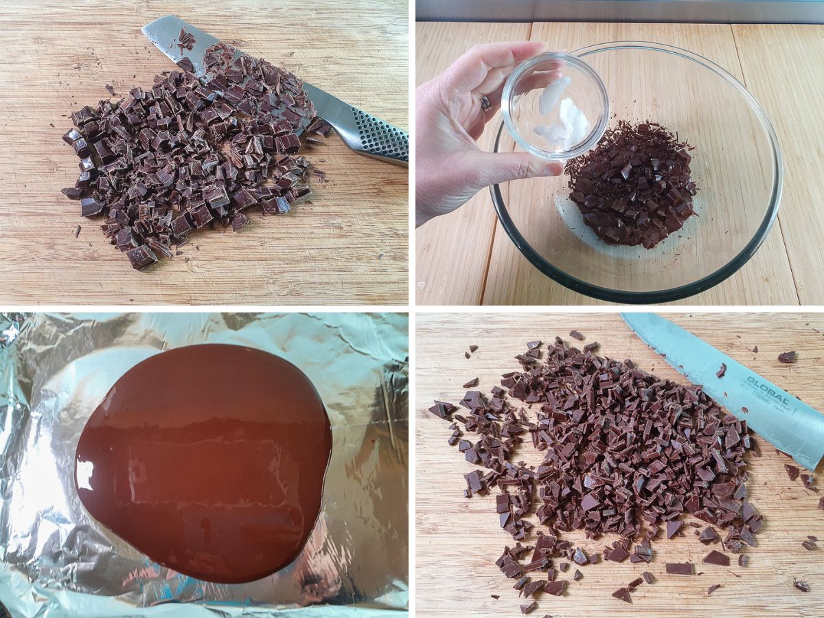 Process shots: chopping chocolate, adding coconut oil to melted chocolate, spreading melted chocolate on a foil-lined tray, chopping set chocolate.