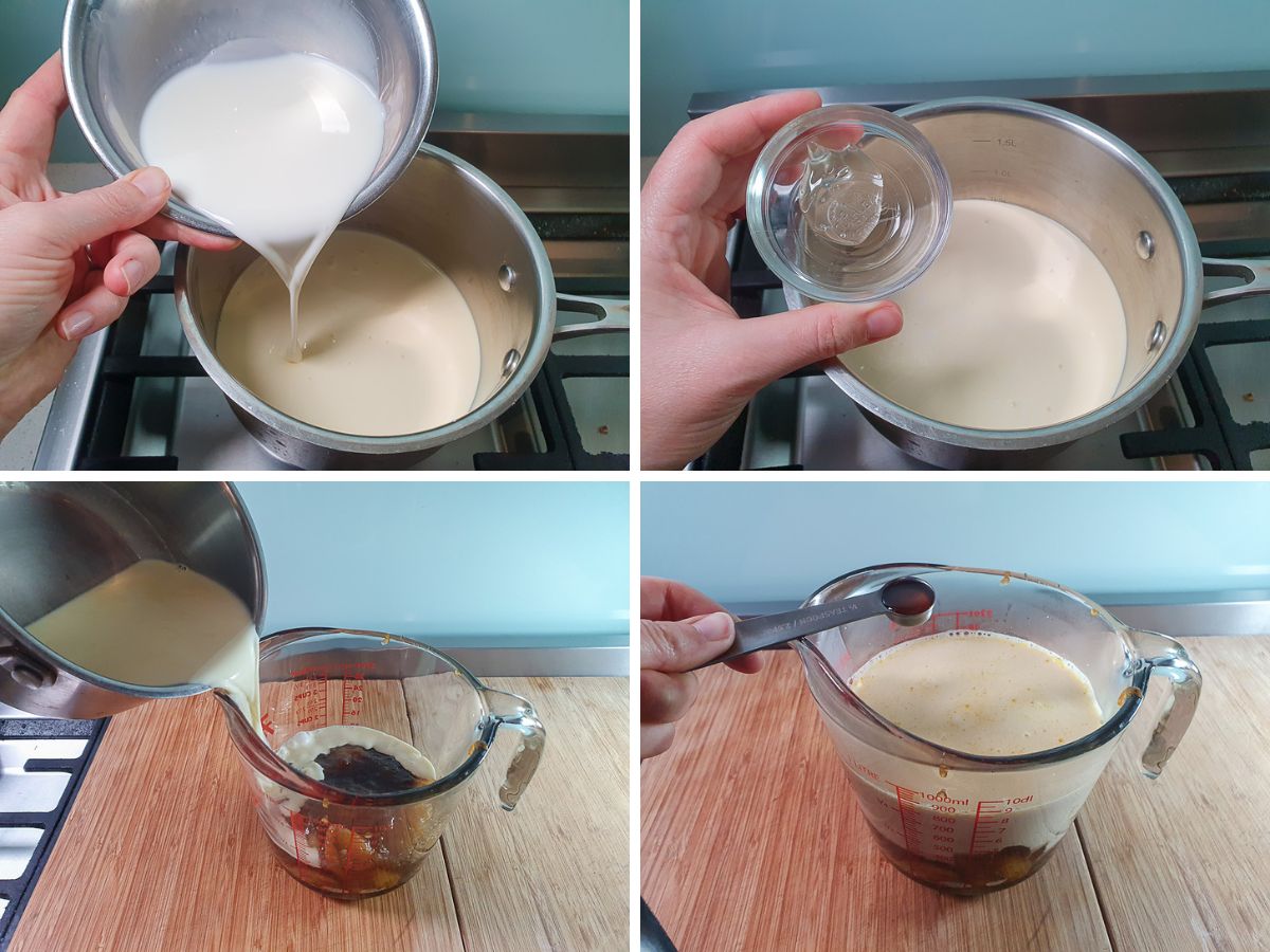 Process shots: adding milk to cream in pot on stove, adding glucose syrup, adding diary to caramelized bananas, adding vanilla extract.