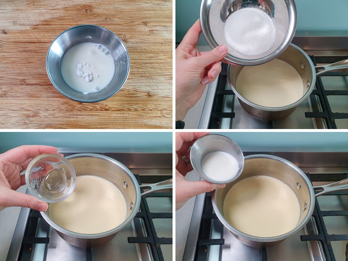 Process shots: making milk and tapioca starch slurry, adding the following ingredients to mix, sugar, glucose syrup and tapioca starch slurry.