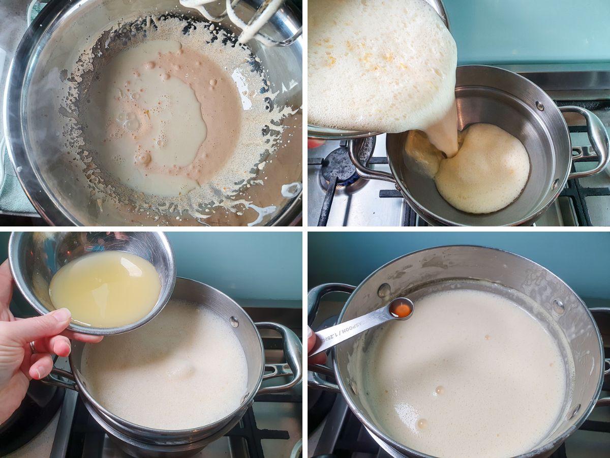 Process shots: adding warmed dairy to sugar and yolks to temper, adding mix to double boiler, adding lemon juice, adding vanilla extract.