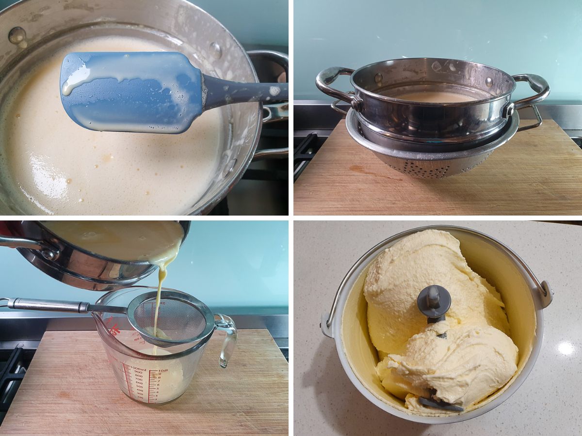 Process shots: mix ‘holding the line’ when you run your finger through it on a spatula, double boiler in colander to cool, straining mix, churned ice cream.