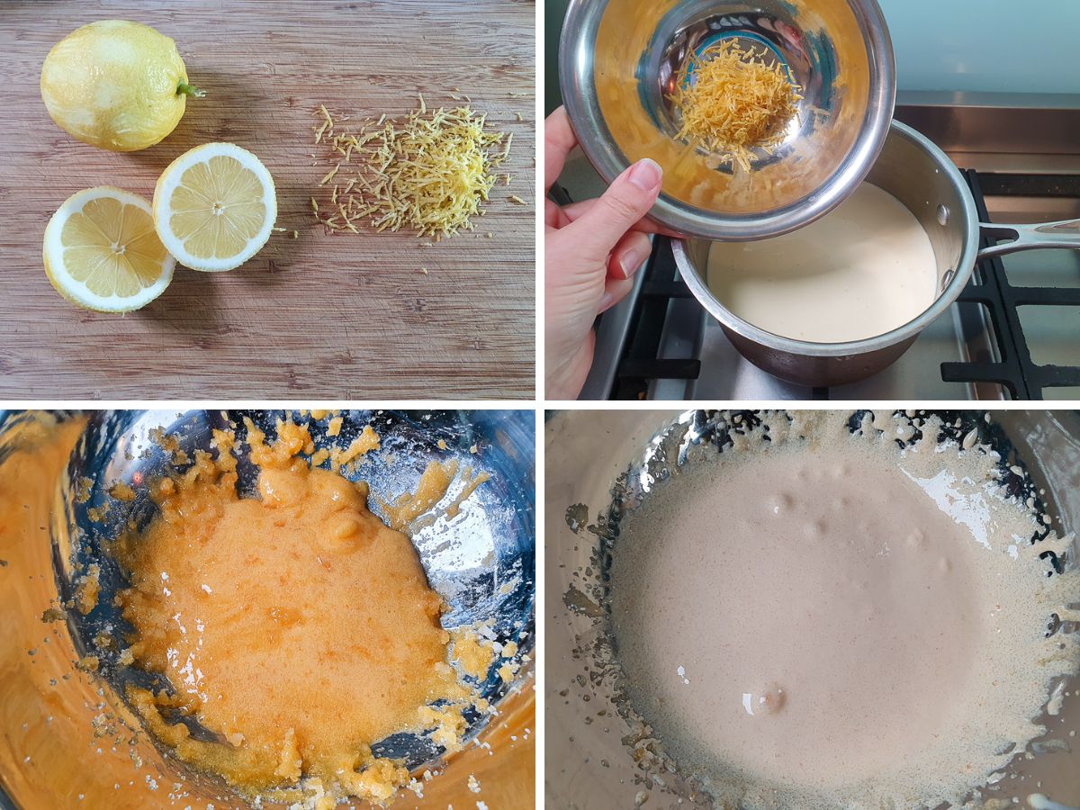 Process shots: zesting and juicing lemons, adding zest to warming cream and milk, sugar and egg yolk yellow to start and very pale once beaten.