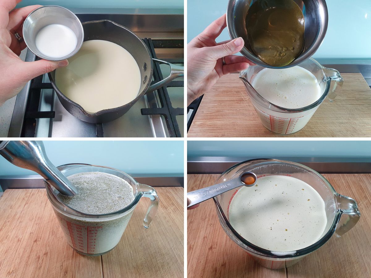 Process shots: adding tapioca starch slurry, adding pistachio paste, blending with stick blender, adding vanilla.