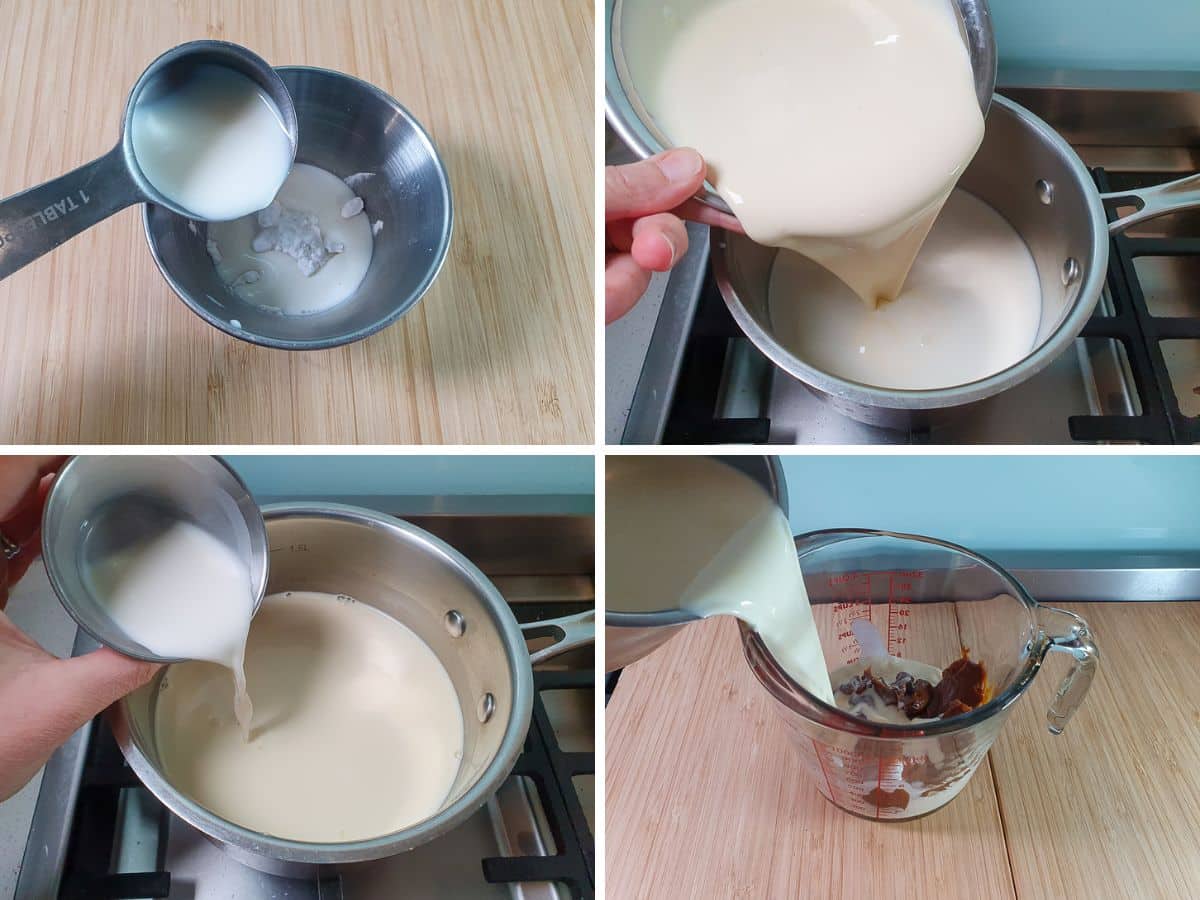Dulce De Leche Ice Cream 6 Process shots: adding milk to tapioca starch, adding cream, adding tapioca starch slurry, adding mix to dulce de leche to blend.