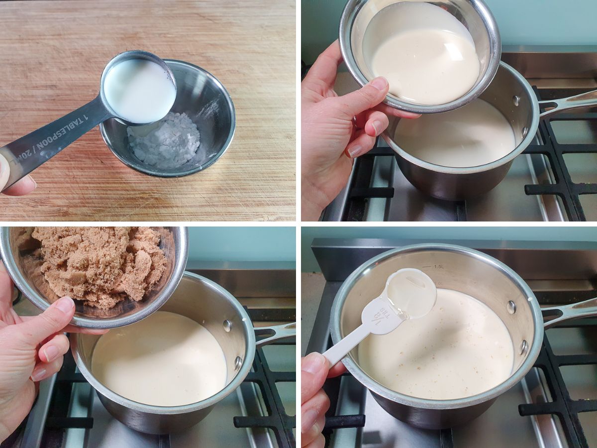 Process shots: adding milk to tapioca starch to make a slurry, adding milk, cream, brown sugar and glucose syrp to pot on stove.