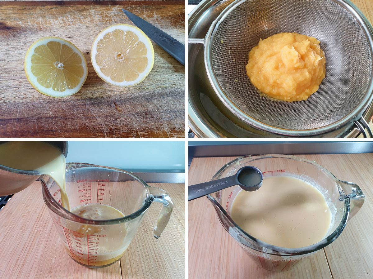 Process shots: slicing lemon to juice, straining blended, reduced pineapple, adding ice cream mix to cooled pineapple, adding lemon juice.