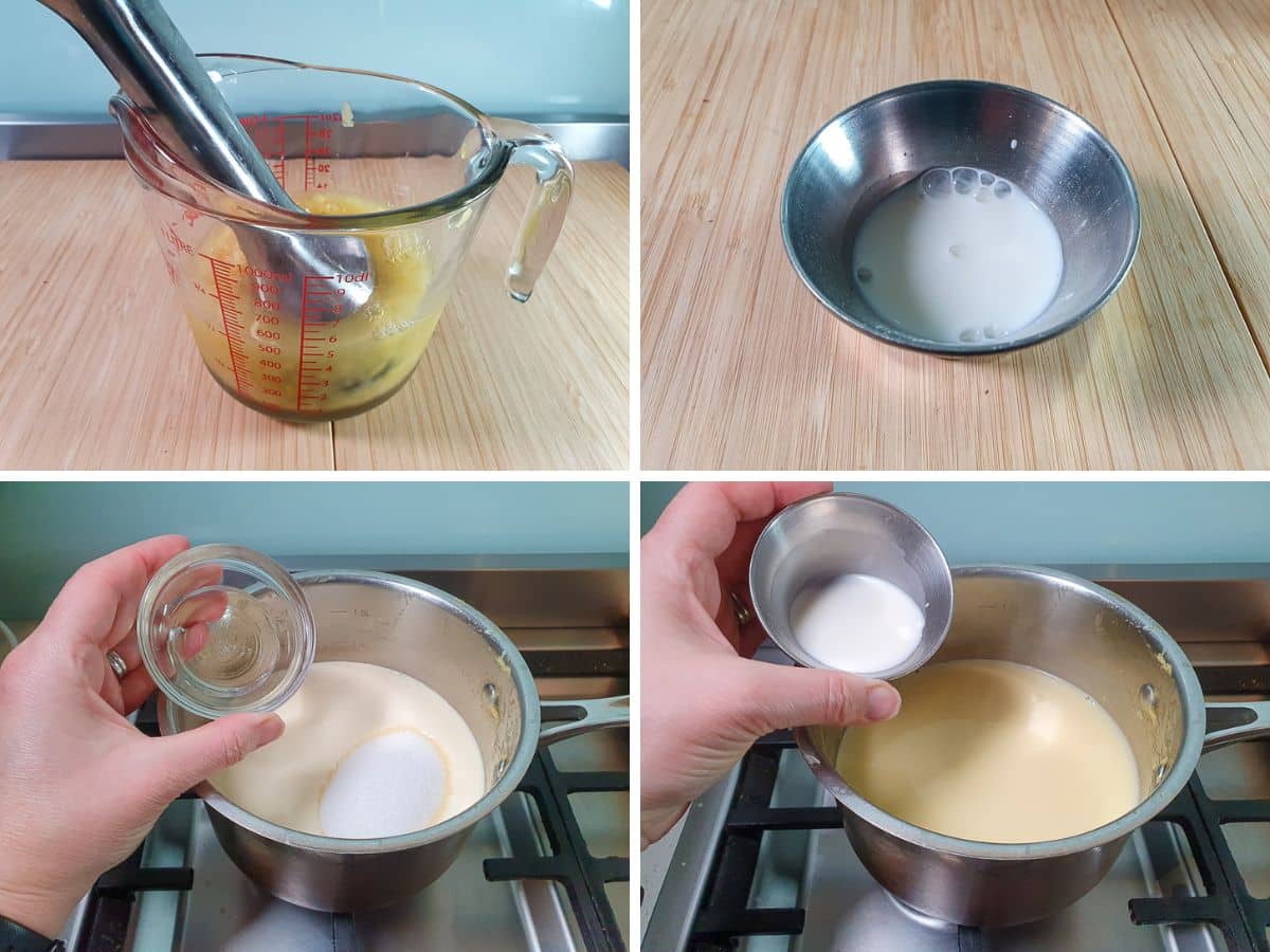 Pineapple Ice Cream 5 Process shots: blending pineapple before cooking down, mixing tapioca starch and mil, adding cream, milk, sugar, glucose syrup and tapioca starch slurry to pot.