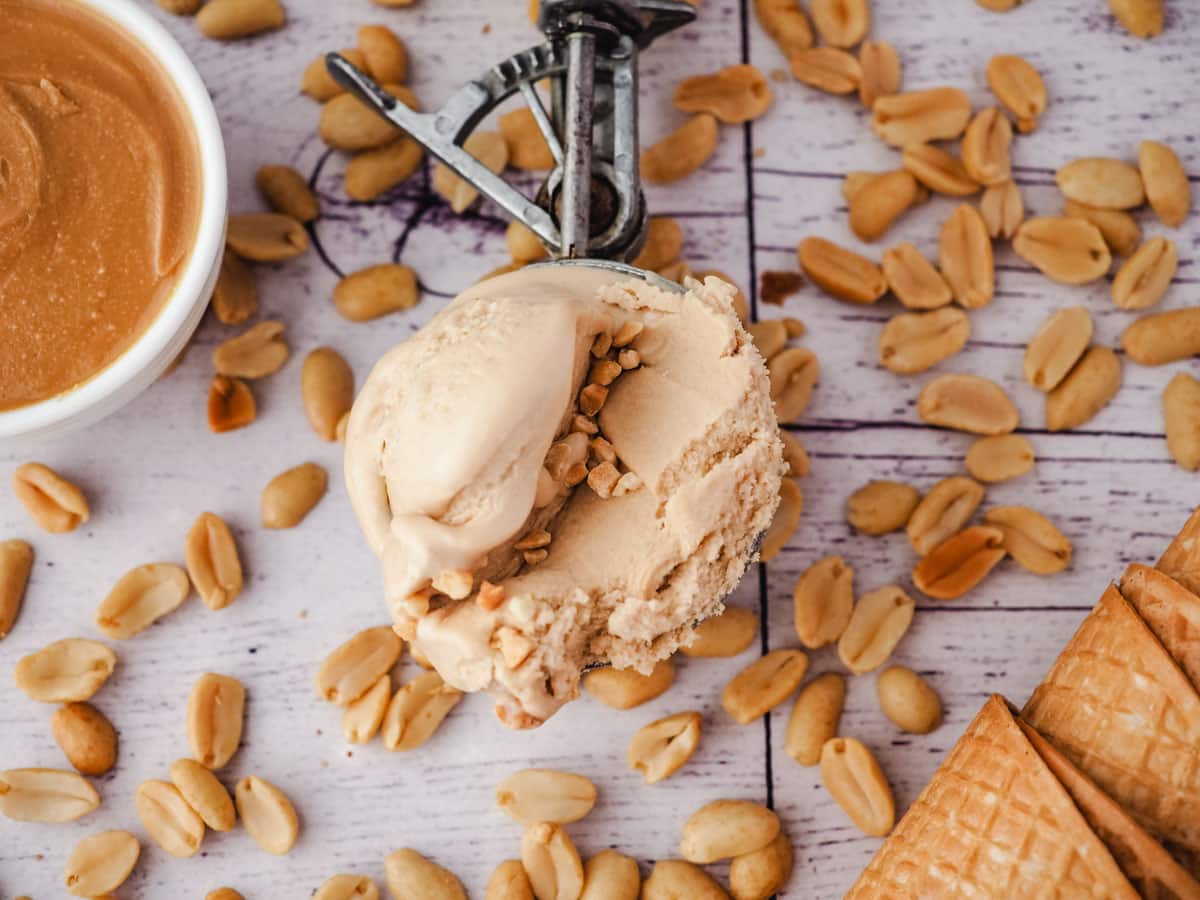Peanut butter ice cream in a ice cream scoop, with peanuts, peanut butter and ice cream cones on the side.