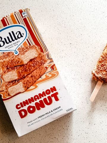Bulla cinnamon donut ice cream packet and ice cream.