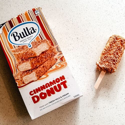 Bulla cinnamon donut ice cream packet and ice cream.