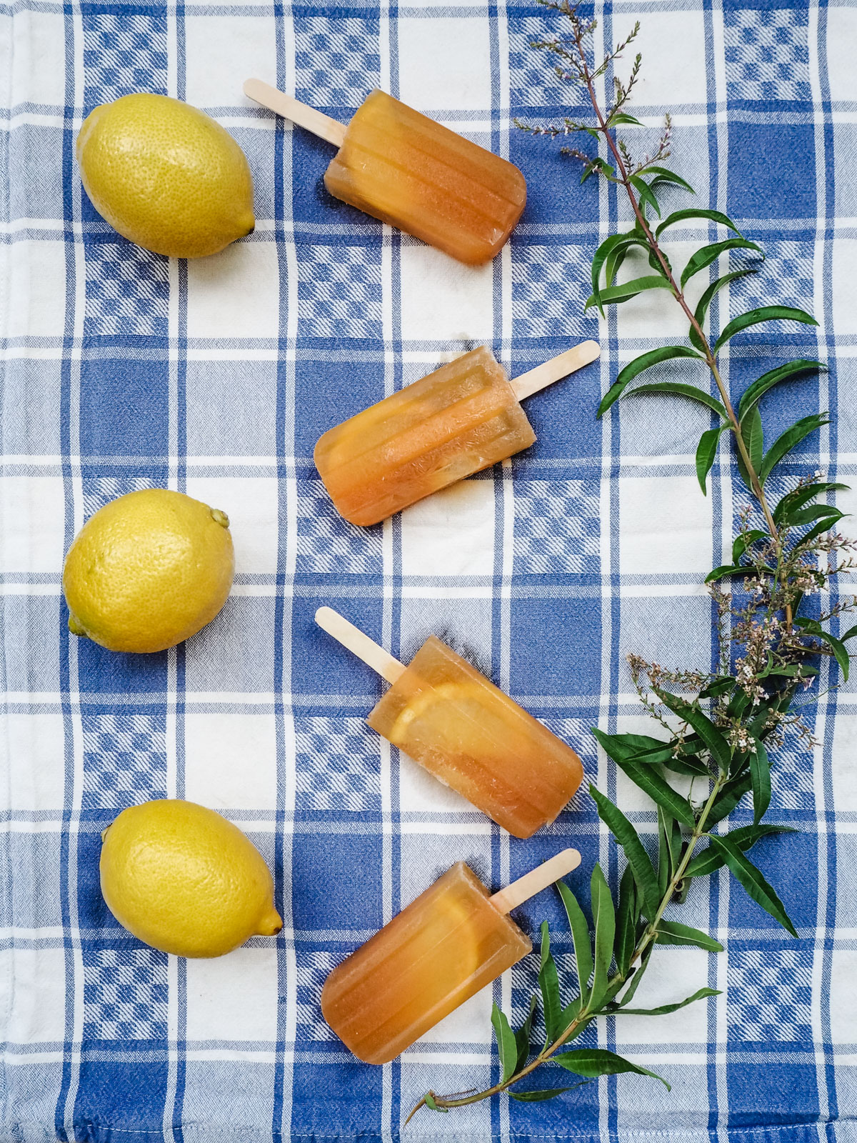 Lemon iced tea popsicles with fresh lemon and lemon verbena.