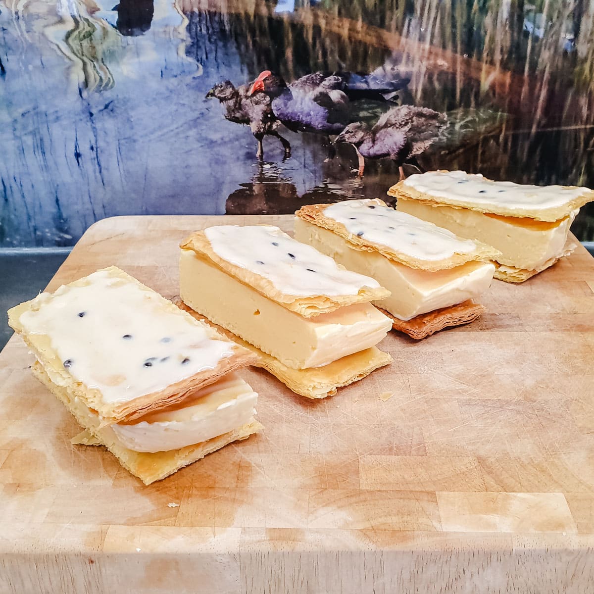 Slices of vanilla slice ice cream in a board.