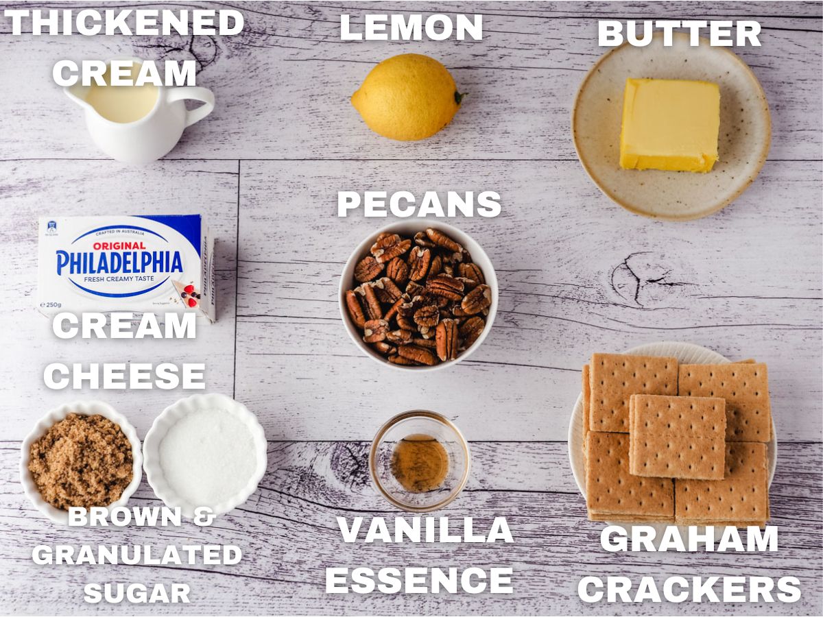 Ingredients: cream, lemon, butter, cream cheese, pecans, brown sugar, granulated sugar, vanilla extract, graham crackers.