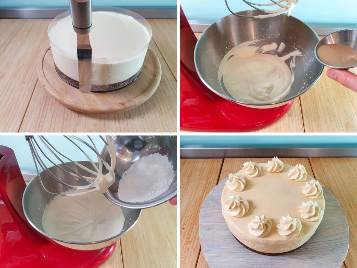 Process shots: smoothing sides of cake, adding Baileys and powdered sugar to whipped cream, piping Baileys whipped cream on top of Baileys cheesecake.