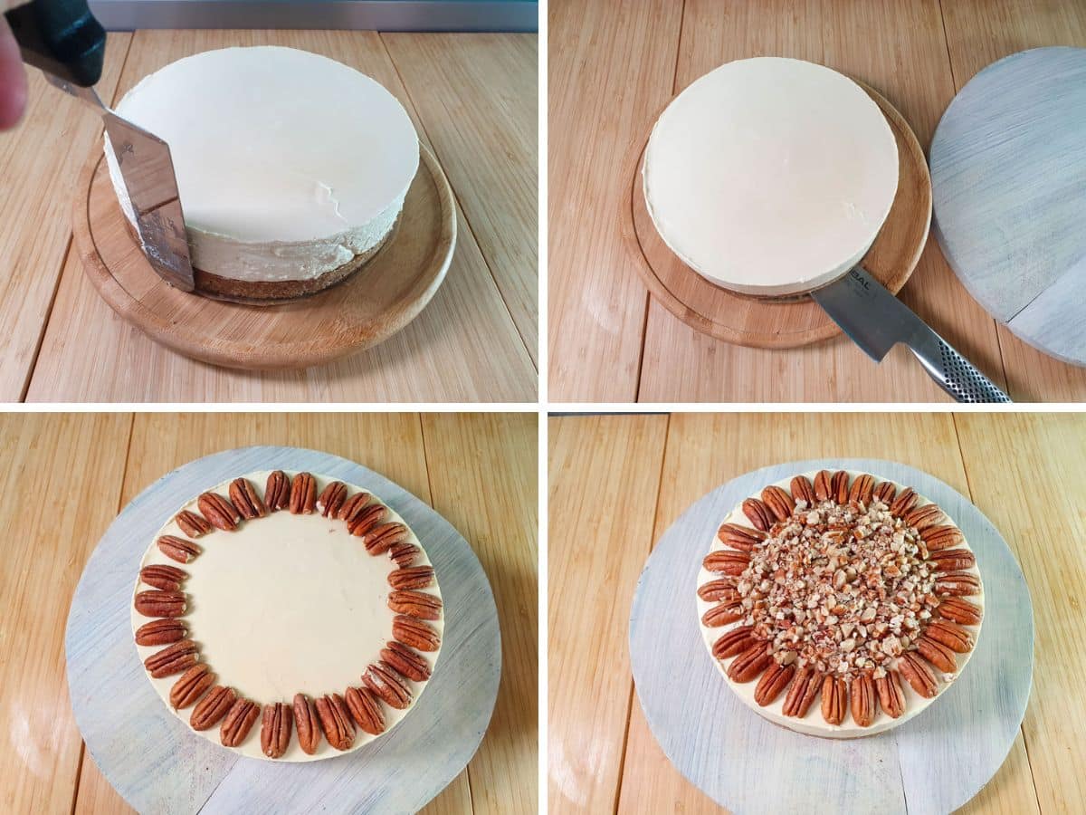 Decorating: smoothing the sides, slicing a knife between the base and parchment paper, adding circle of whole pecans, adding chopped pecans before pouring over caramel.