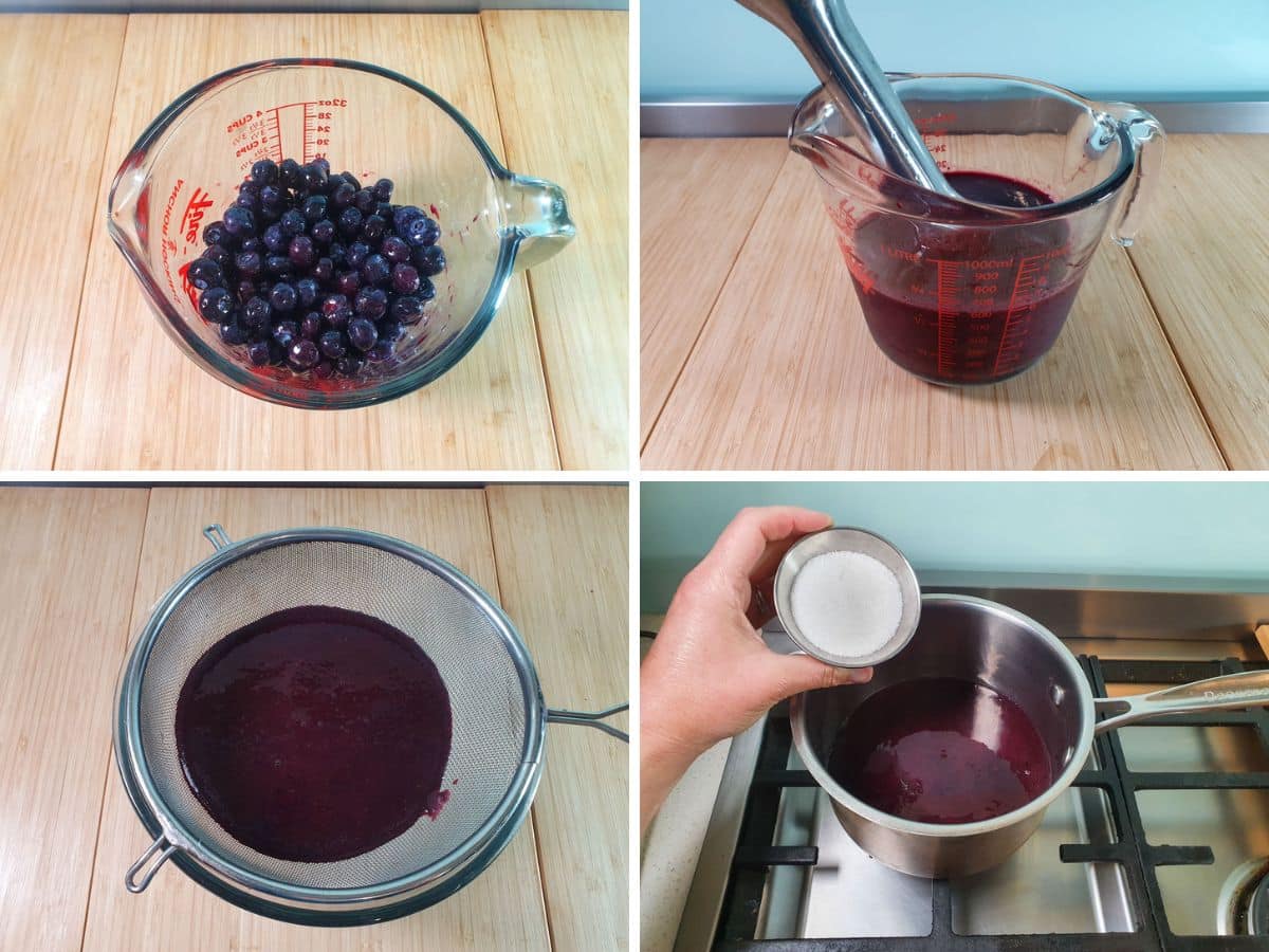 Process shots: defrosting blueberries, blitzing blueberries with an immersion blender, straining blueberries, adding blueberries, lemon and sugar to a pot.