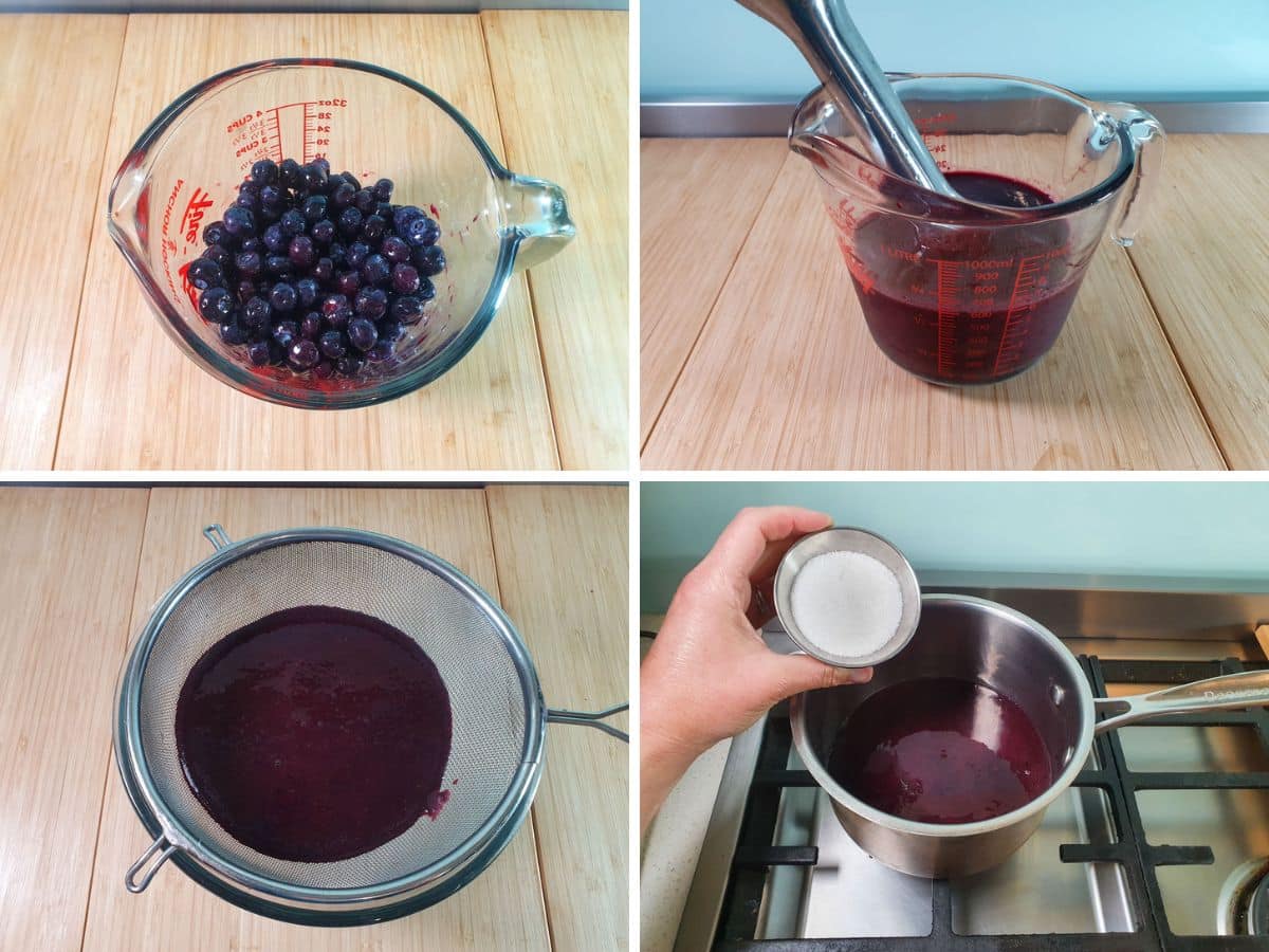 Blueberry Coulis 4 Process shots: defrosting blueberries, blitzing blueberries with an immersion blender, straining blueberries, adding blueberries, lemon and sugar to a pot.
