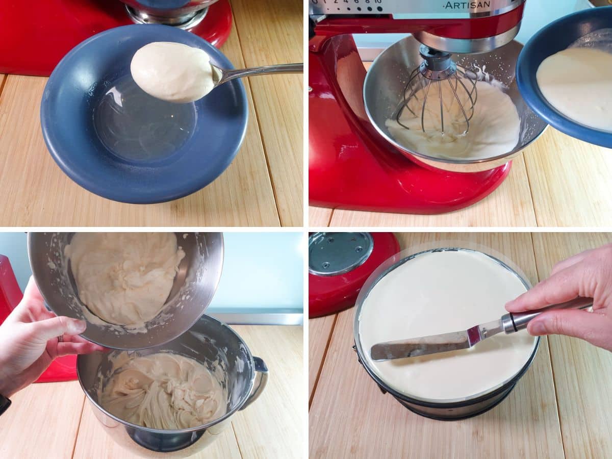 Baileys Cheesecake process shots: tempering gelatine by adding one spoonful of cream, adding gelatin to whipped cream, adding cream to rest of filling, smoothing filling over base.